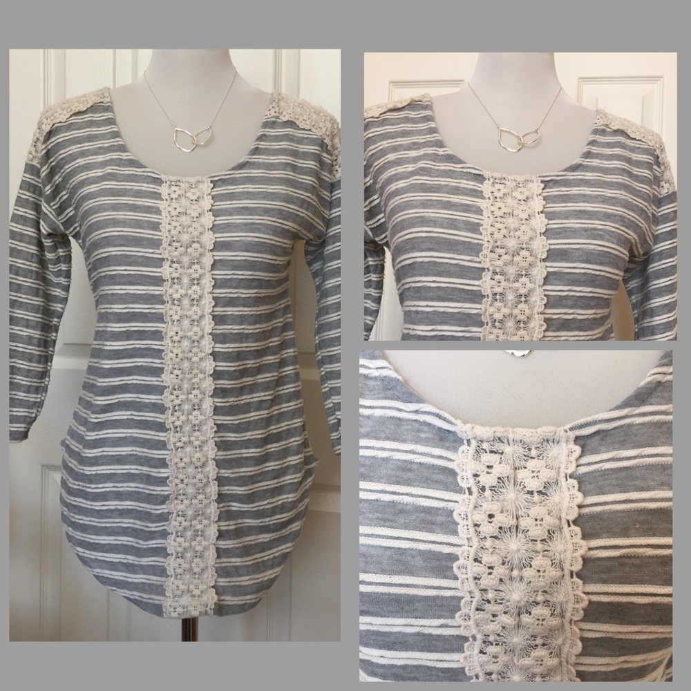 Gray and cream striped top with crochet lace
